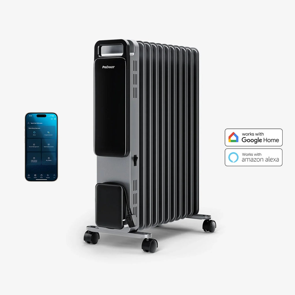 OmniWarm 2500W Oil Filled 11 Fins Eco Radiator Heater With Digital Display and Smart App Control - Silver