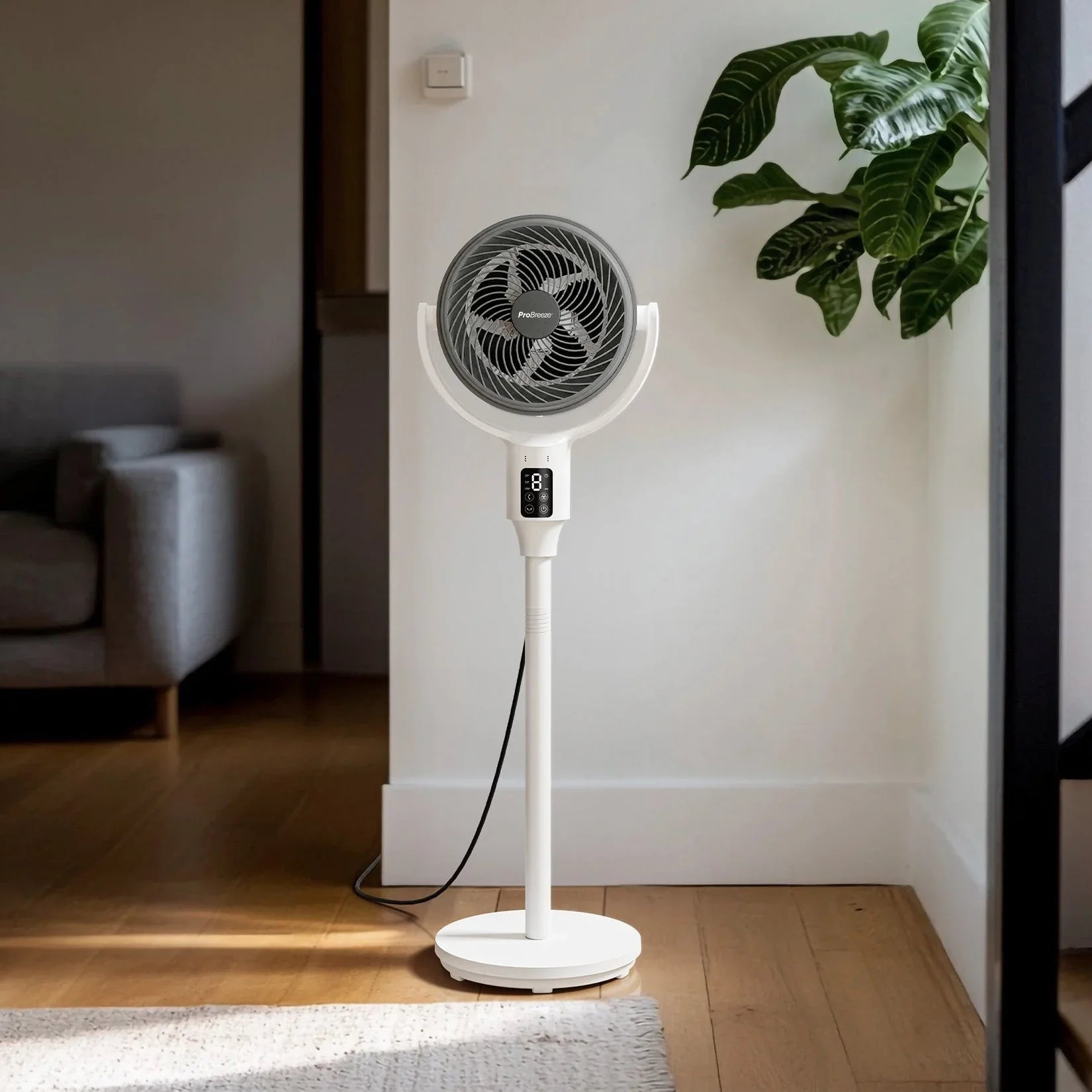 AirFlo™ 43" Smart Hybrid Pedestal Fan - Ultra-Quiet Air Circulator - White/Grey